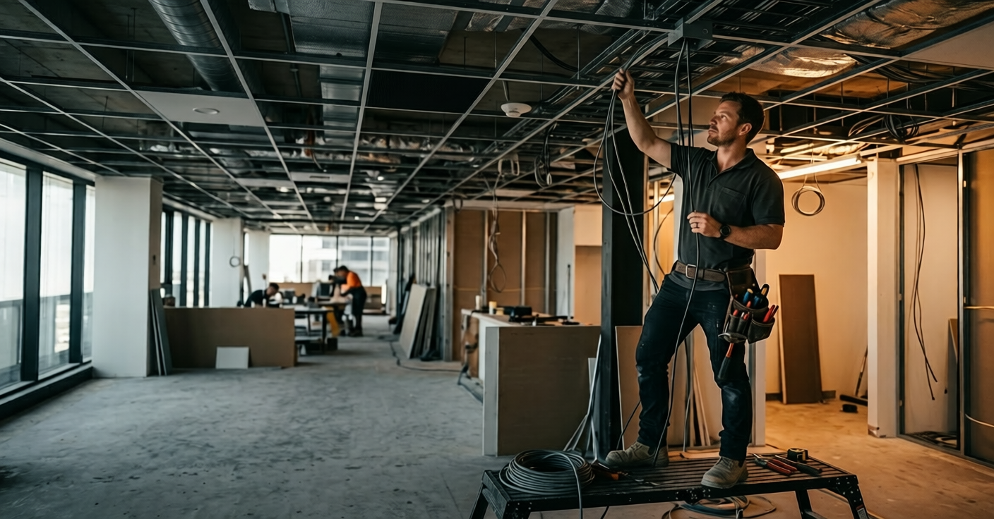 Licensed commercial electrician working on a three-phase switchboard in a Northern Beaches business premises