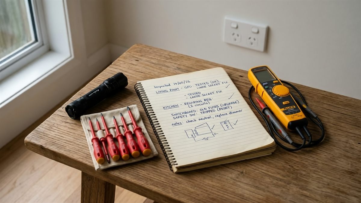 Electrician's tools, notebook and multimeter on a workbench