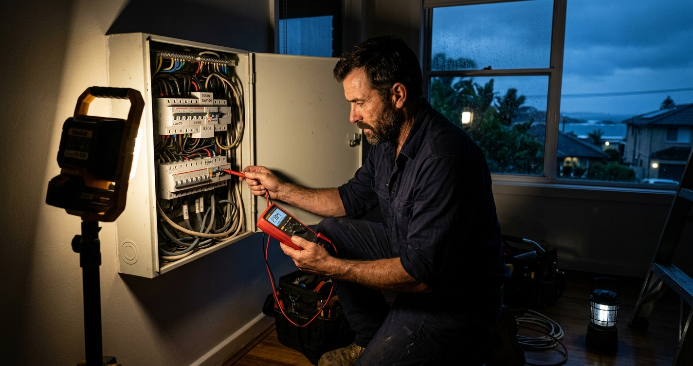 Licensed electrician working on a switchboard during an after-hours emergency callout on the Northern Beaches