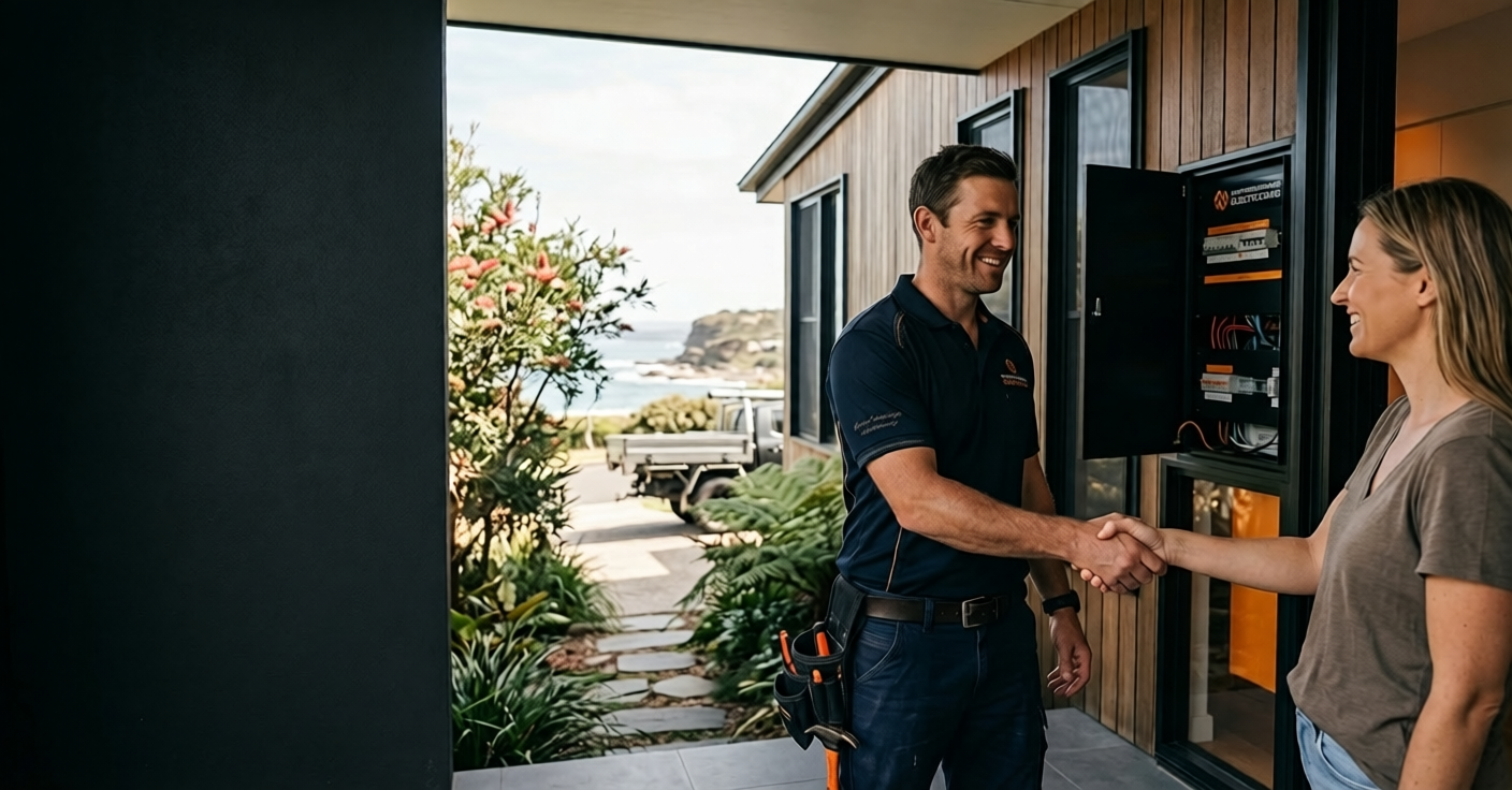 Licensed Northern Beaches electrician explaining a job to a homeowner before starting work