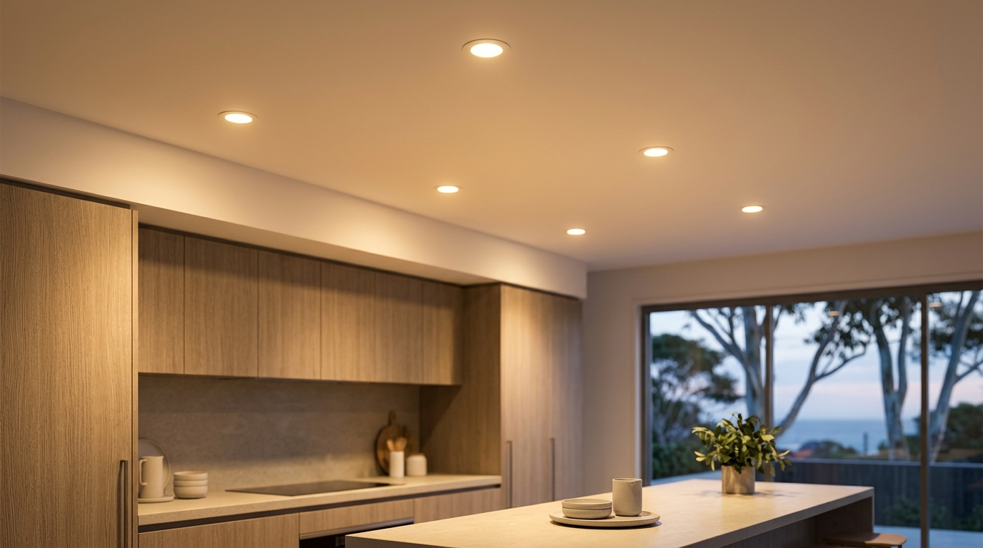 Modern warm-white LED downlights installed in a Northern Beaches kitchen