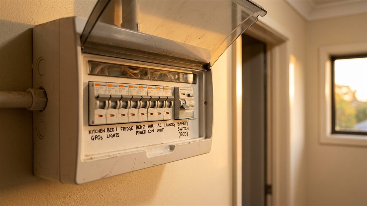 Modern home switchboard with safety switches labelled