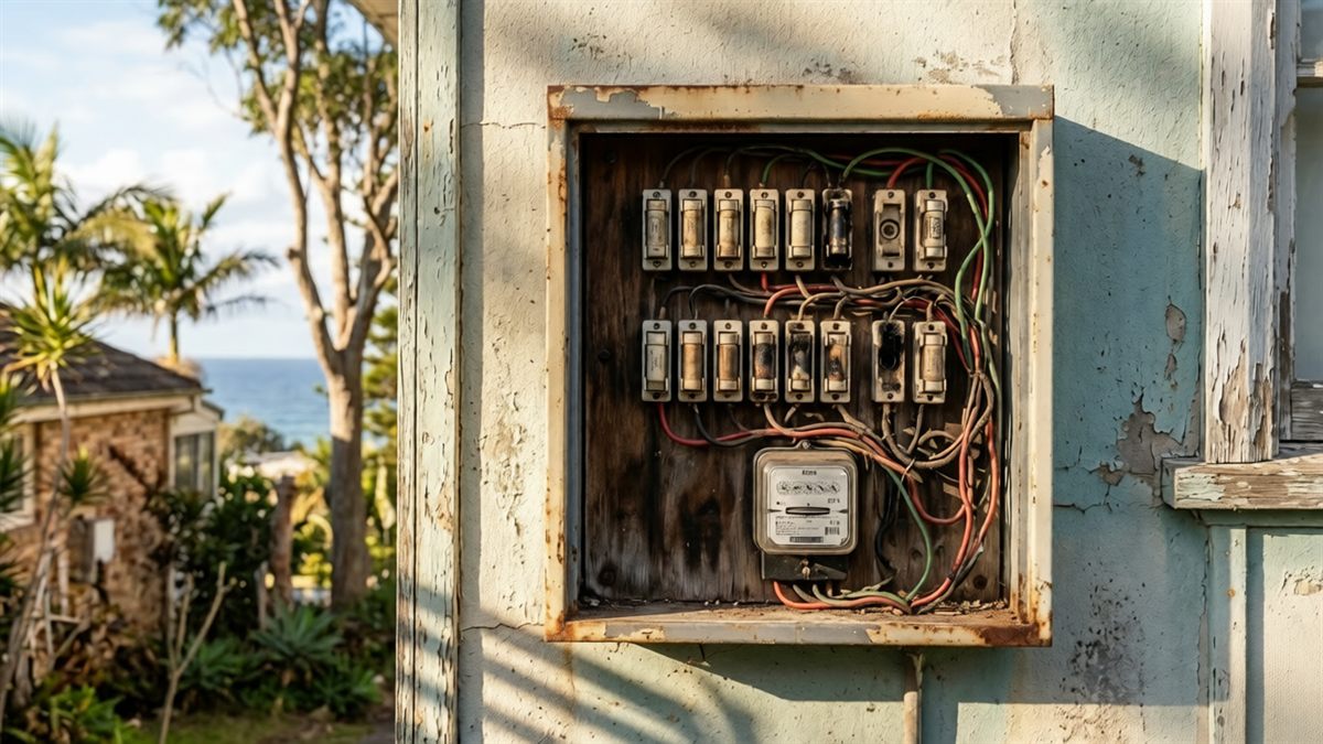 Old corroded ceramic-fuse switchboard on the outside of a coastal home