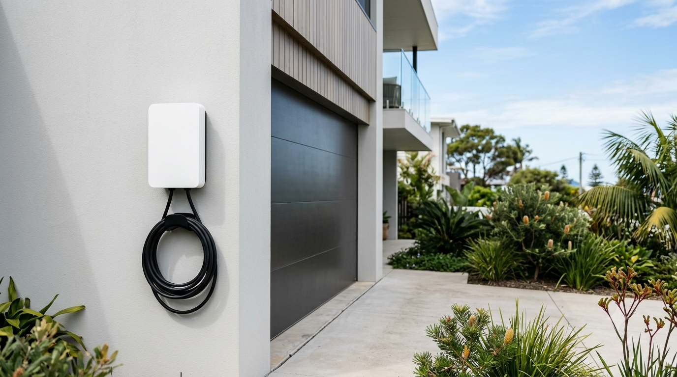 A wall-mounted home EV charger installed on the wall of a Northern Beaches home