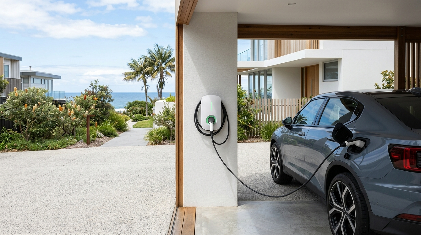 A home EV charger plugged into a car in a Northern Beaches garage