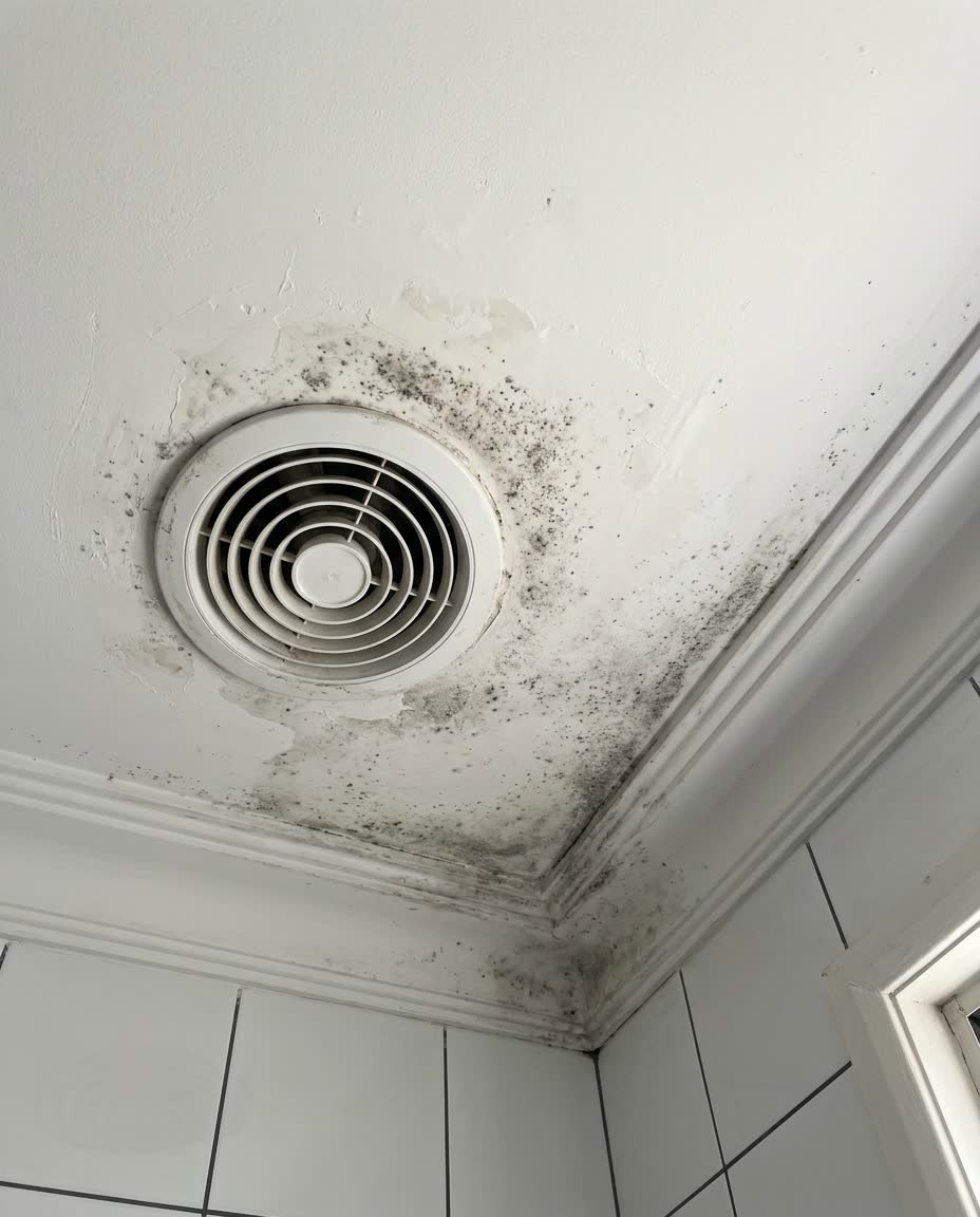 Black mould spreading across a bathroom ceiling and cornice around a round exhaust fan vent