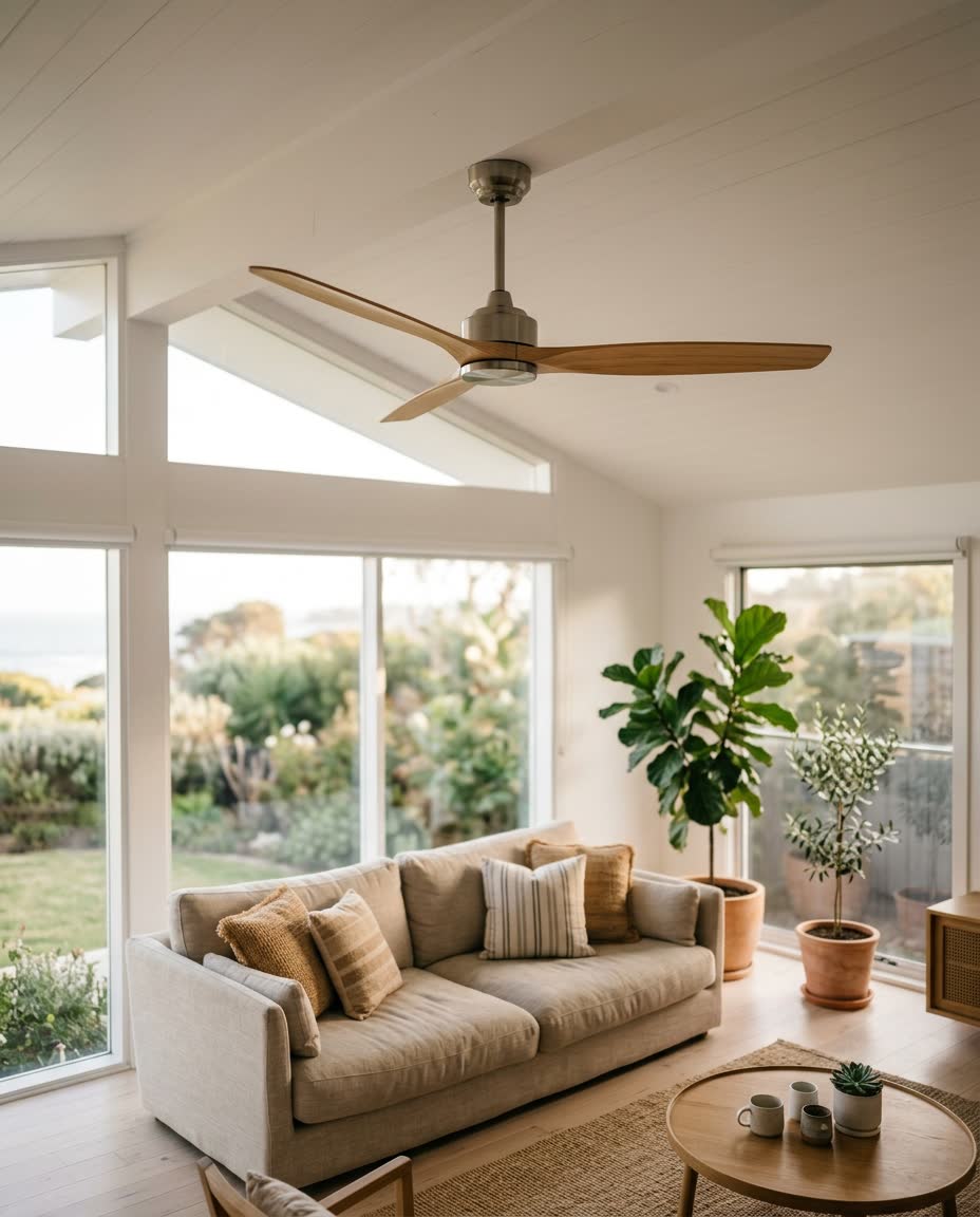 A three-blade timber ceiling fan mounted on a white raked ceiling in a coastal living room