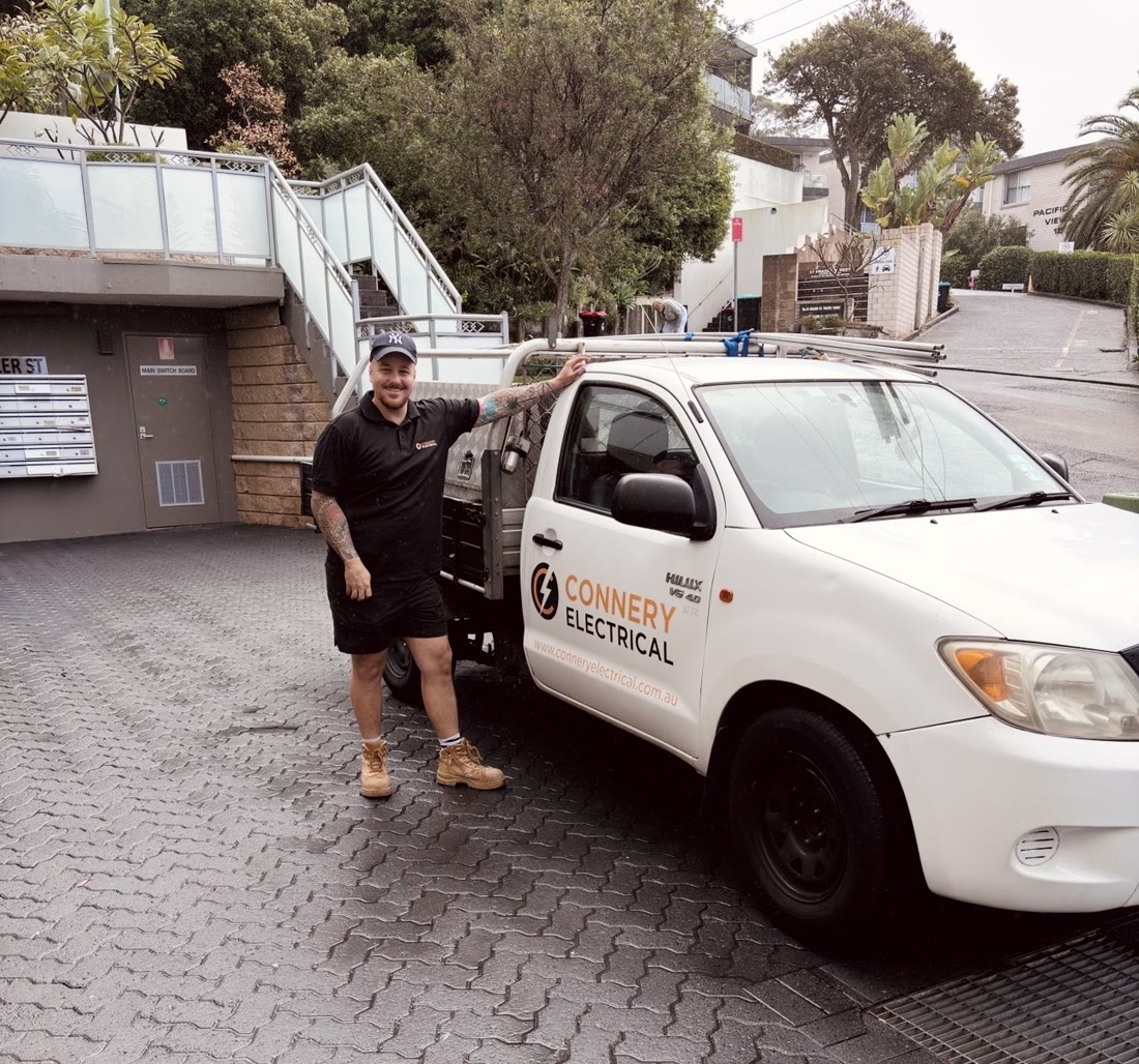 Oscar and the Connery Electrical ute on a Northern Beaches job